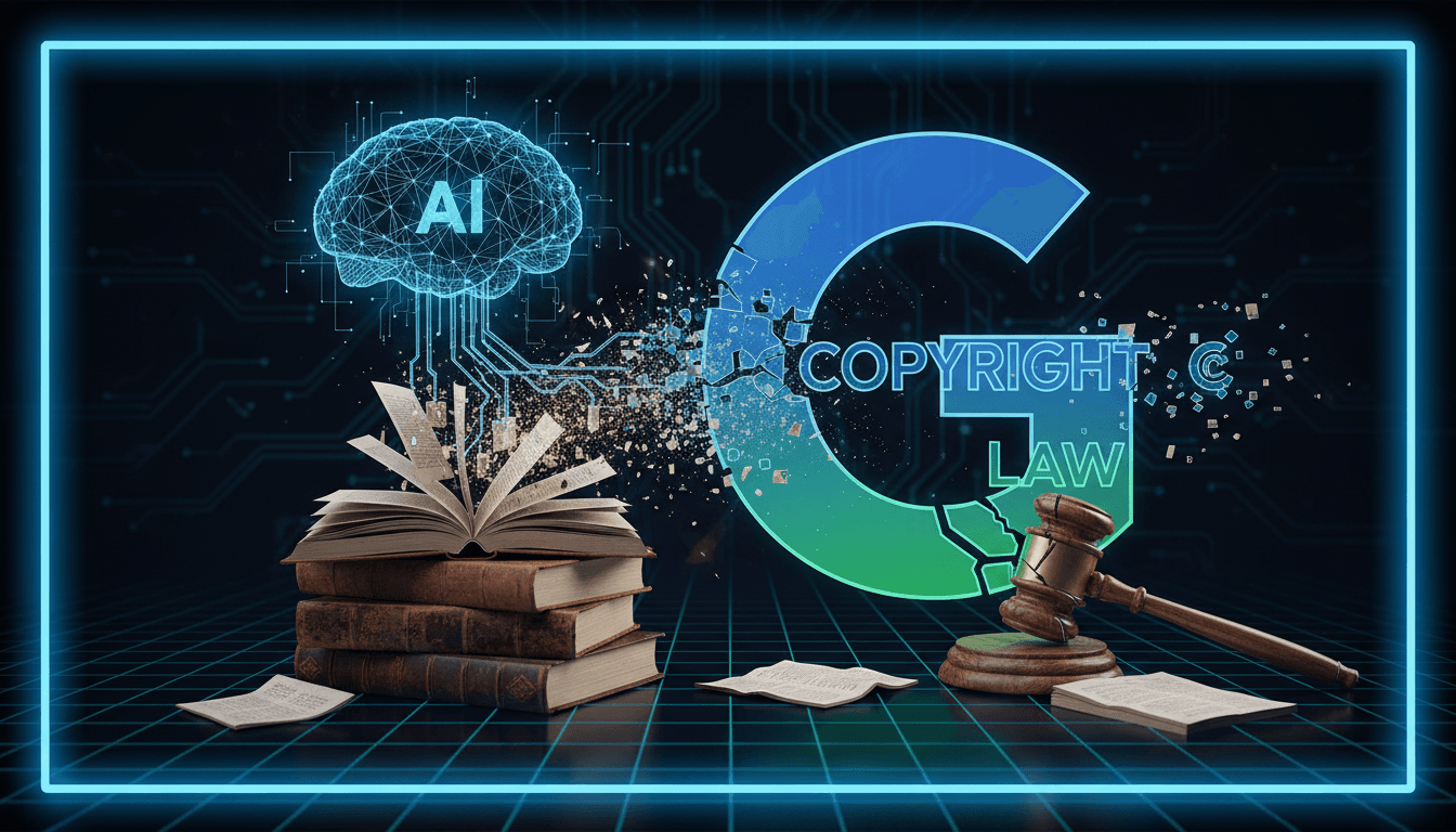 A visual representation of the lawsuit against Google by publishers over copyright issues in AI training.