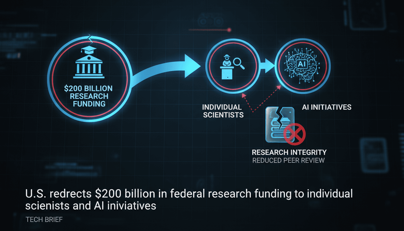 Illustration of funding shift from universities to individual scientists and AI initiatives.