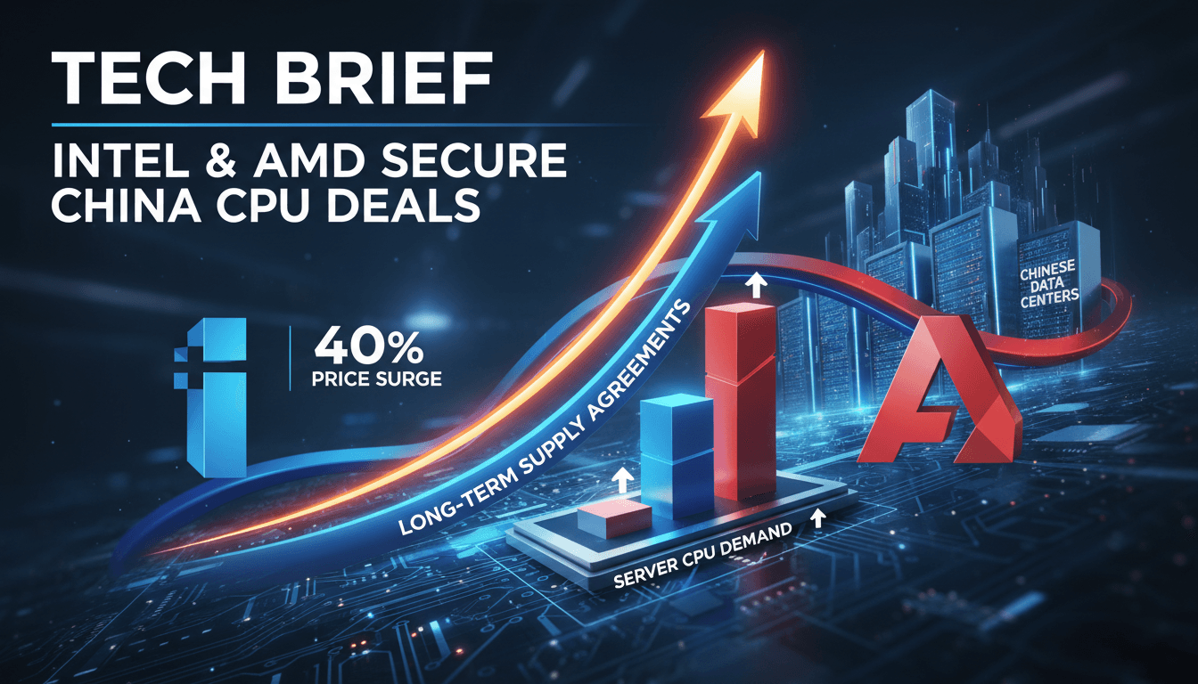 Intel and AMD logos with a backdrop of data center technology