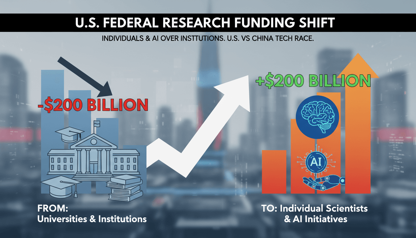 Illustration of the shift in federal research funding priorities towards individual scientists and AI initiatives.