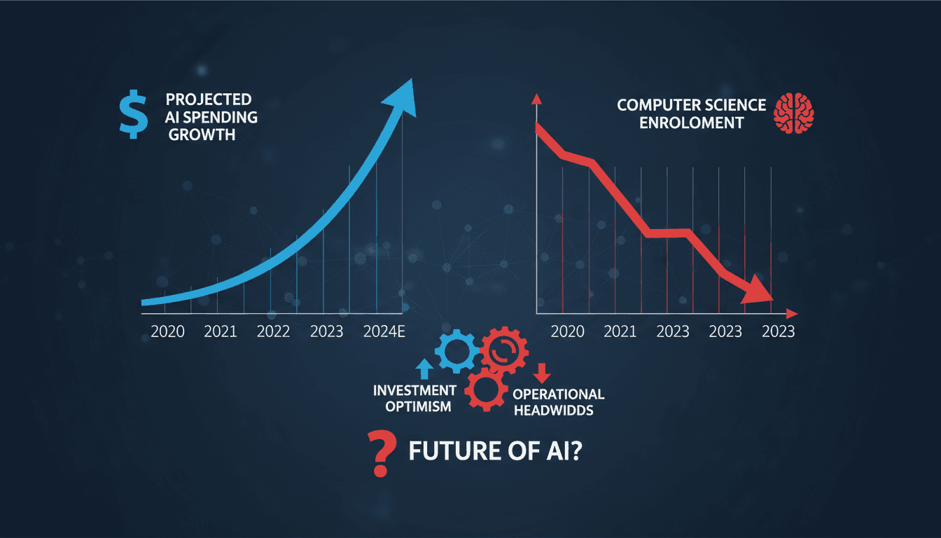 Graph showing AI spending growth versus computer science enrollment trends.