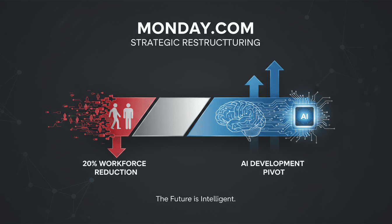 Monday.com logo with a backdrop of AI technology graphics