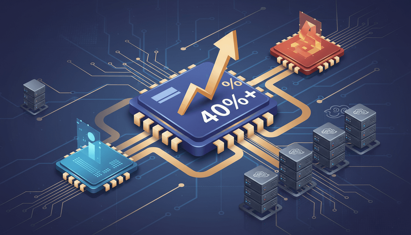 Intel and AMD logos with a backdrop of rising CPU prices and AI technology.