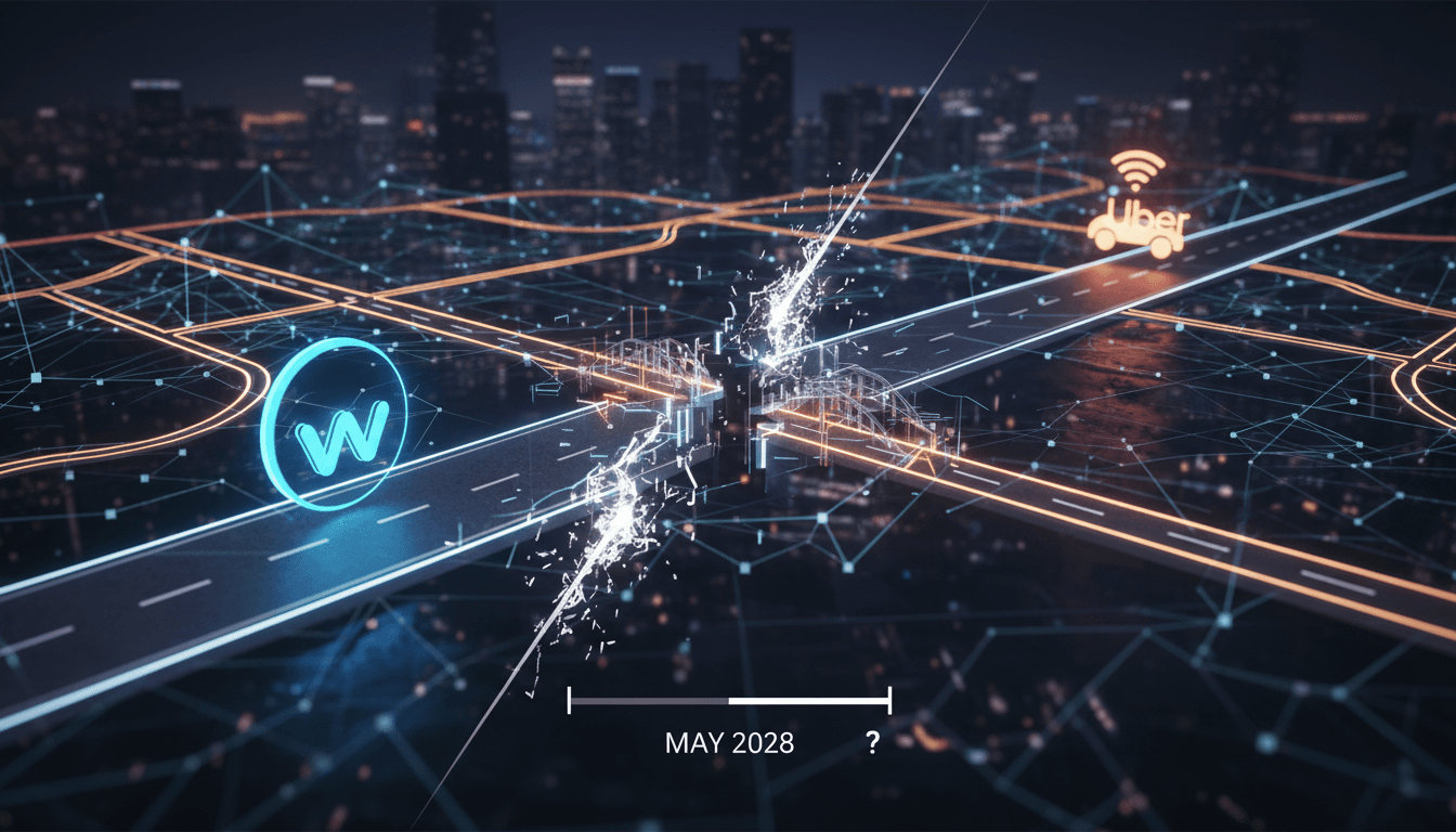 Waymo and Uber logos with a backdrop of autonomous vehicles