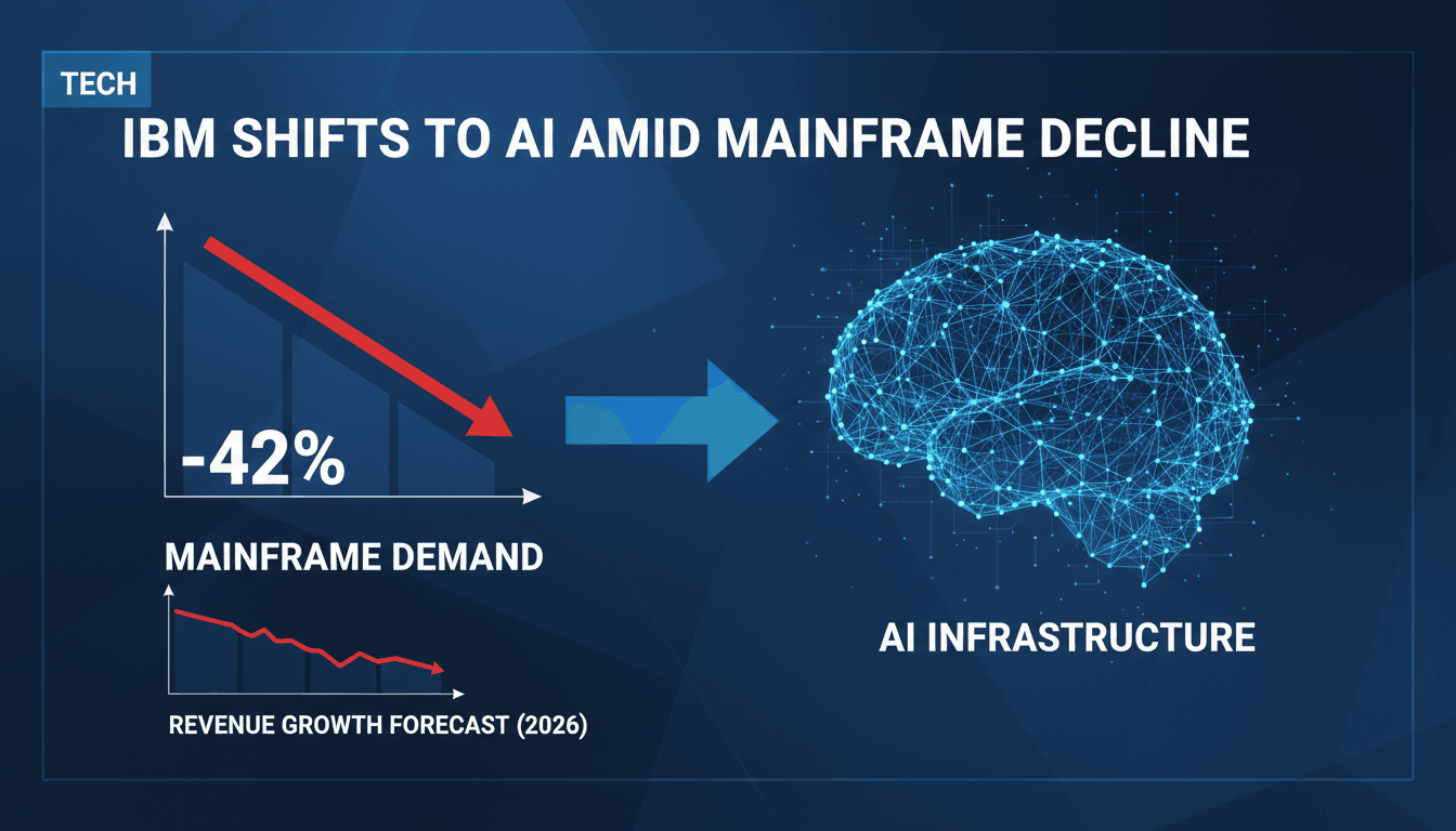 IBM logo with a graph showing declining mainframe sales and rising AI investment trends.