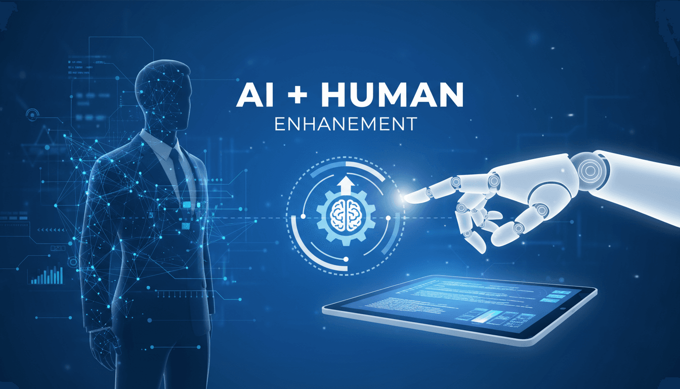 Illustration of AI assisting human workers in a collaborative environment.