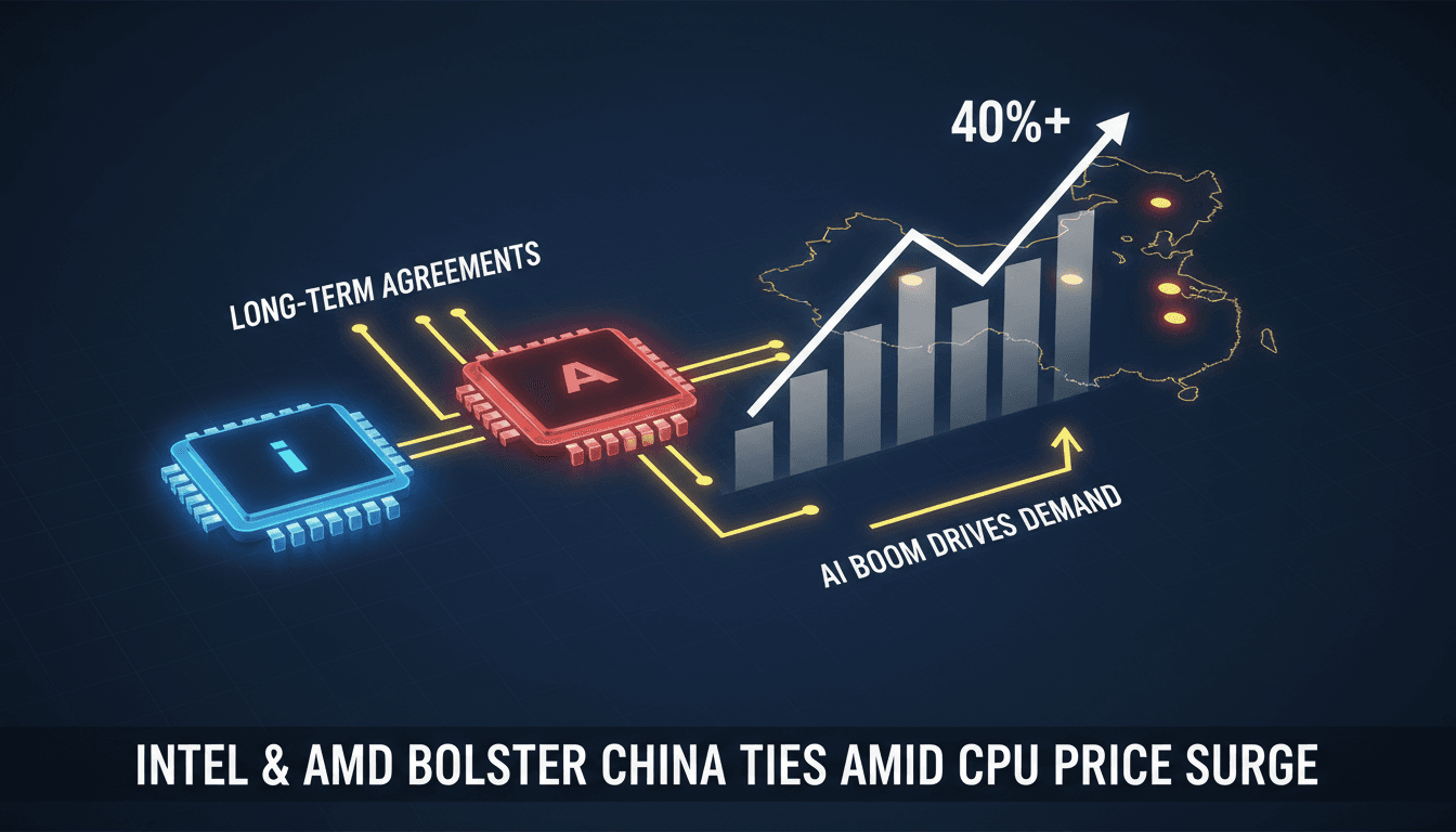 Intel and AMD logos with a backdrop of server CPUs and AI technology.
