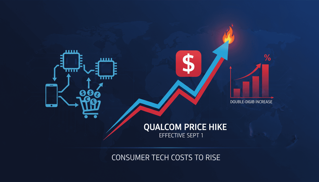 Qualcomm logo with a graphic showing rising prices in the tech industry.