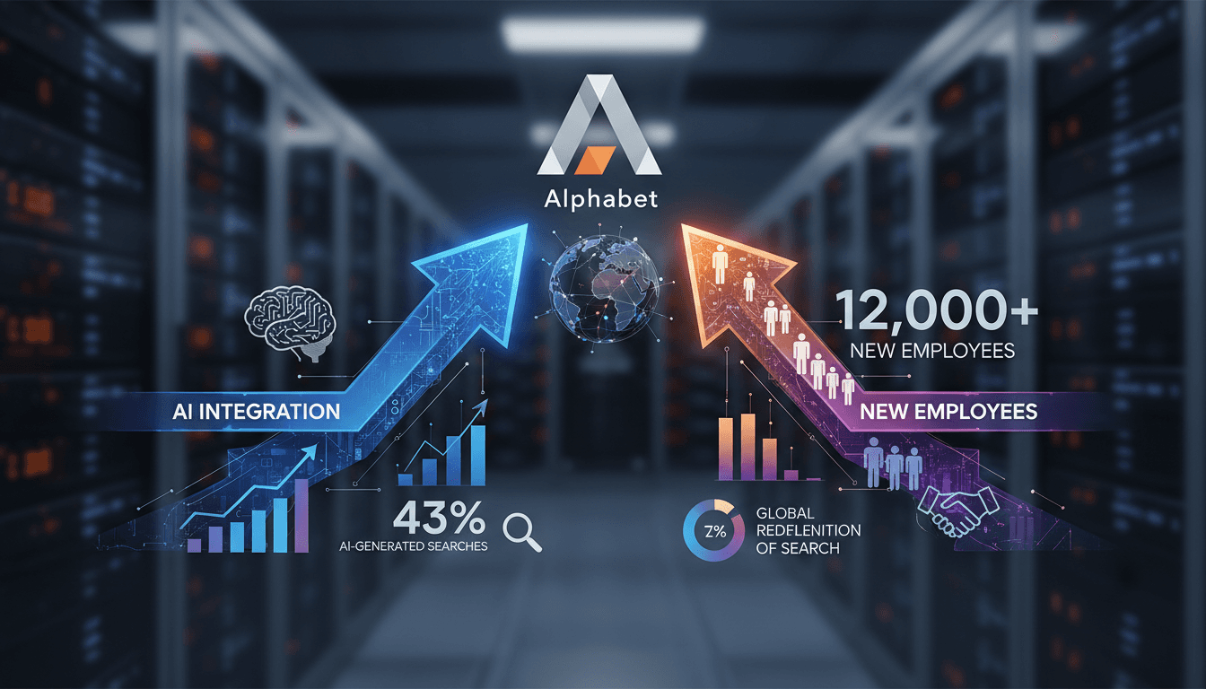 Infographic showing Alphabet's workforce growth and AI search results statistics.