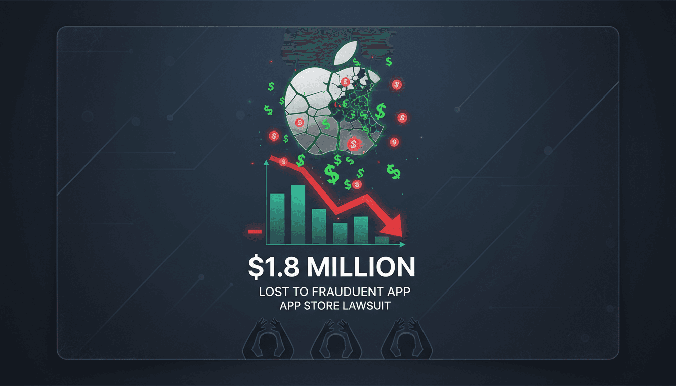 Apple logo with a gavel symbolizing legal action over app security issues.
