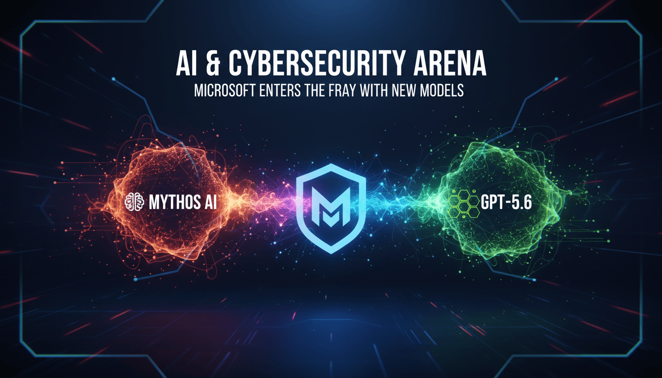 Microsoft logo with AI and cybersecurity graphics