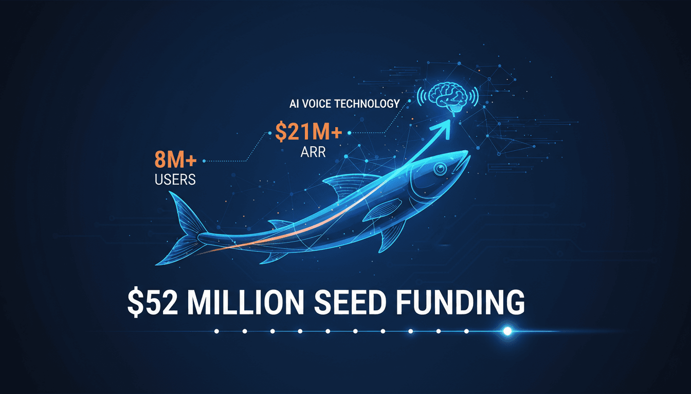 Fish Audio logo with a backdrop of AI voice technology graphics.