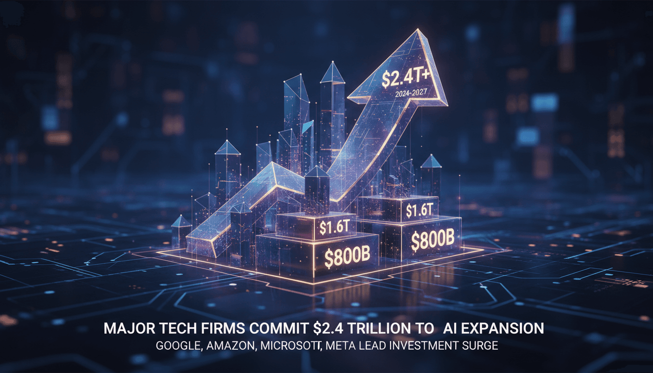 Major tech firms' logos with a backdrop of AI technology graphics