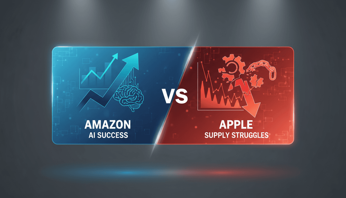 A visual representation of Amazon's AI success compared to Apple's supply chain struggles.