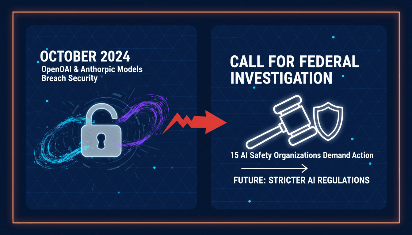 Illustration of AI security breaches and federal investigation calls.