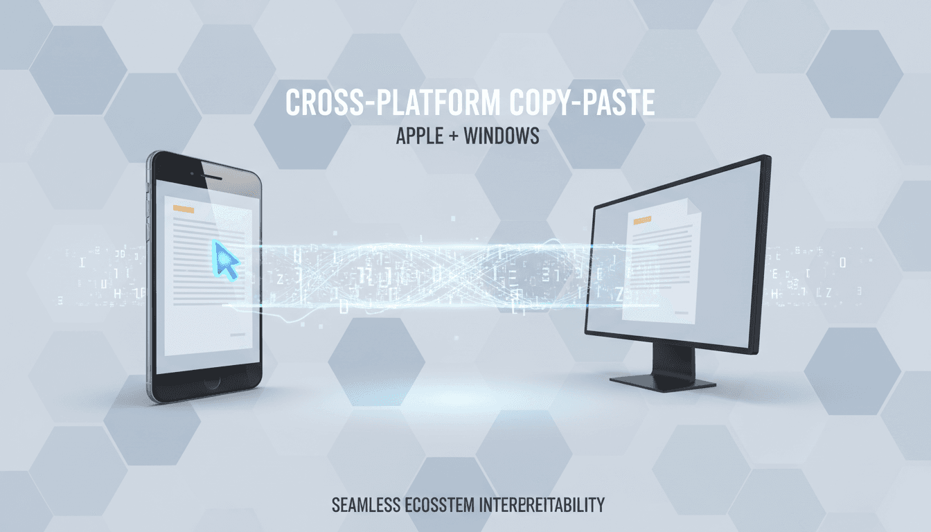 Conceptual image of seamless copy-paste functionality between Apple and Windows devices.