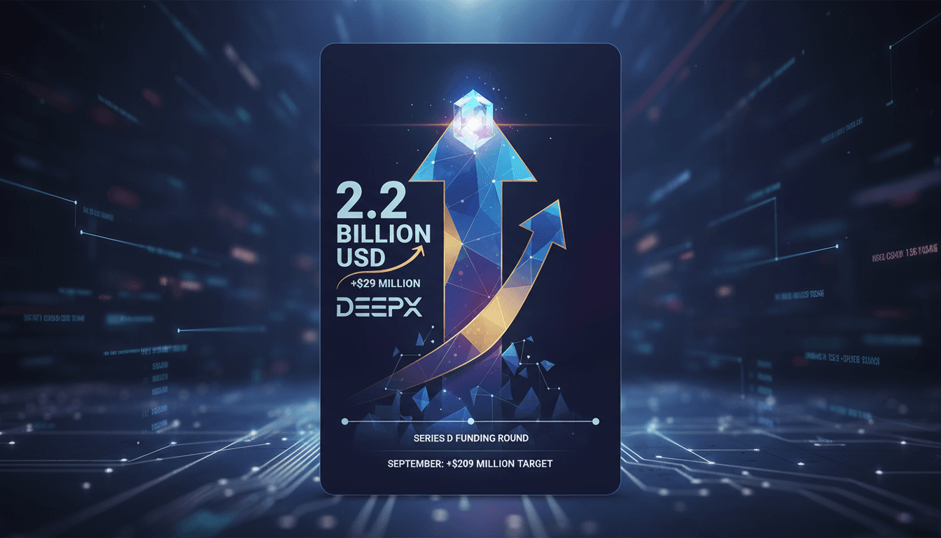 DeepX logo with a backdrop of AI technology graphics