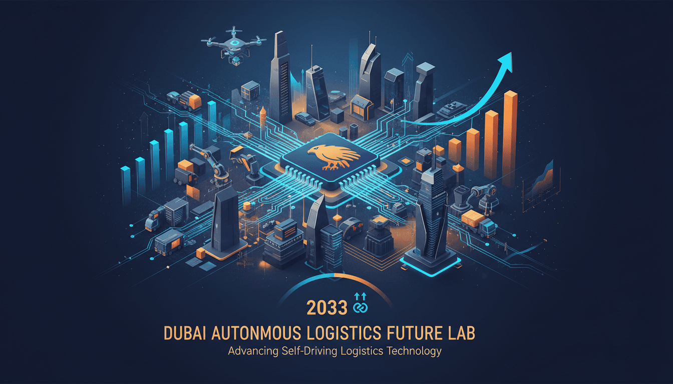 A futuristic representation of autonomous logistics technology in Dubai.