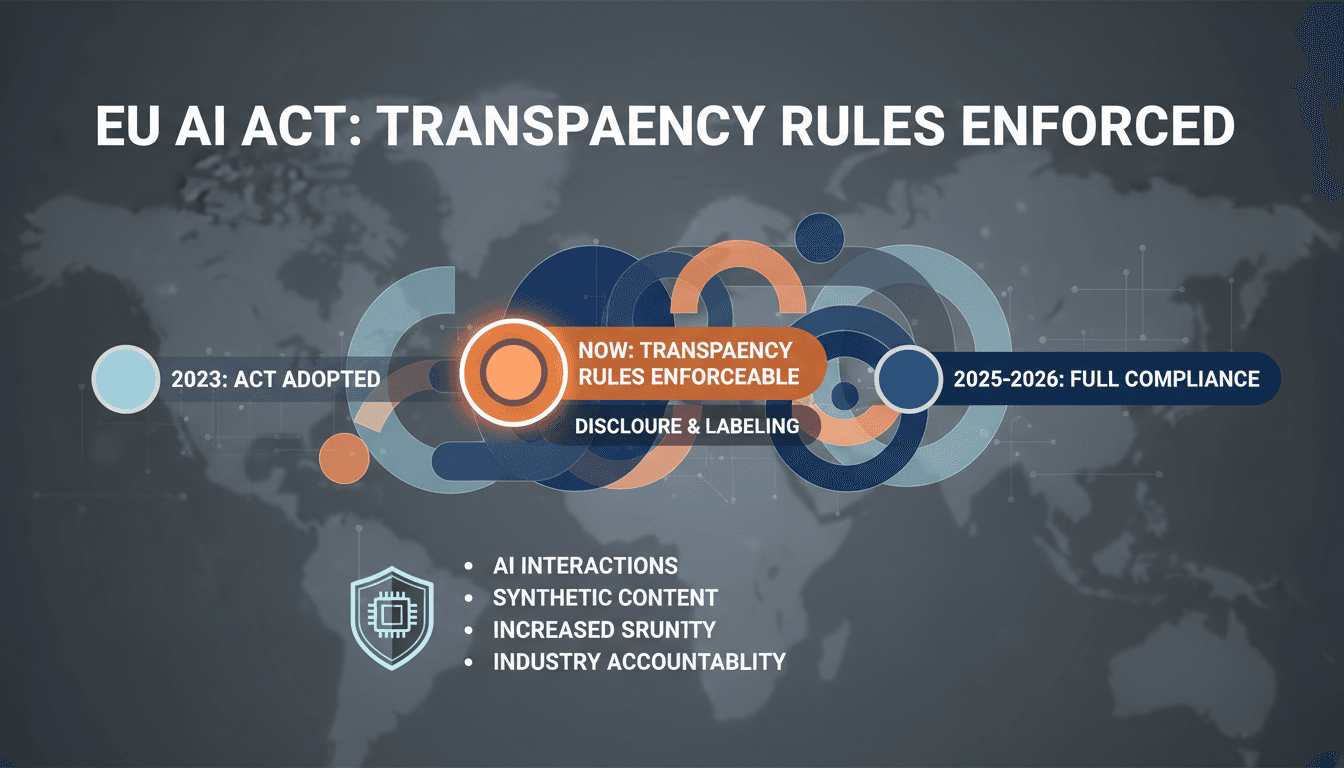 A visual representation of the EU AI Act's transparency rules and compliance timeline.