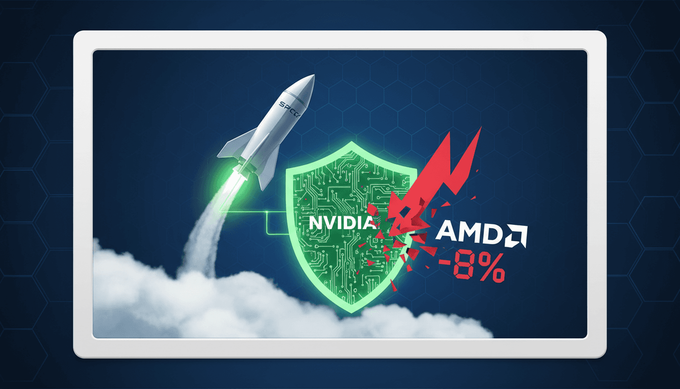 SpaceX and Nvidia logos with a declining stock chart for AMD