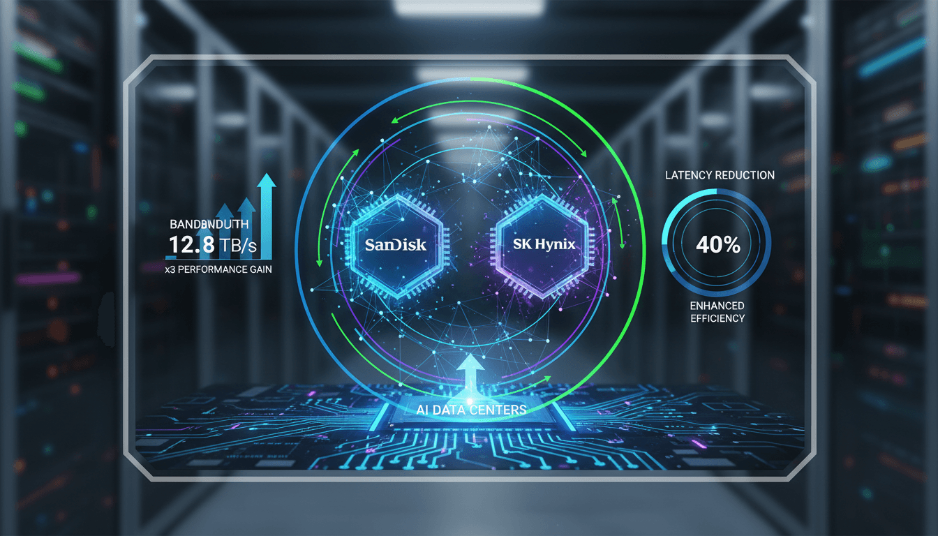 SanDisk and SK Hynix logo with AI data center background
