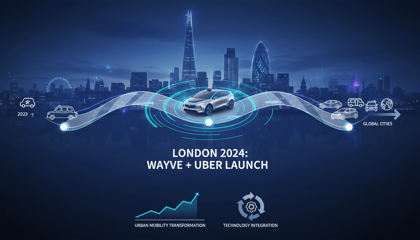 Self-driving taxi in London with Wayve and Uber branding.