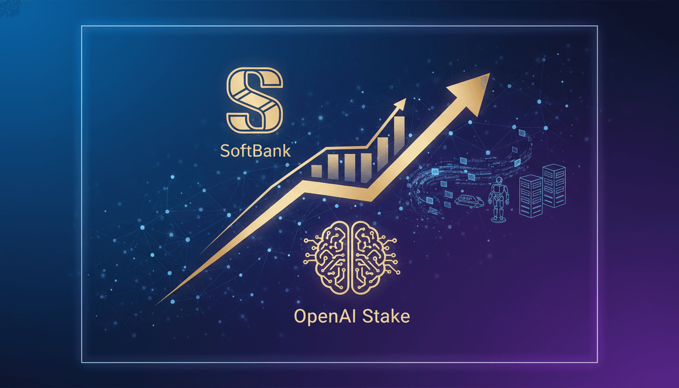 SoftBank logo with a backdrop of AI technology graphics