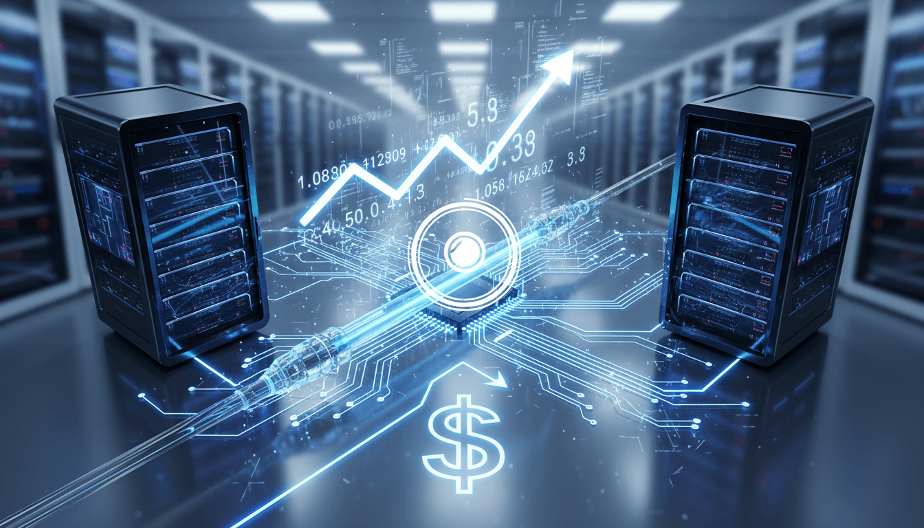 Lumilens logo with a backdrop of advanced optical technology in data centers.