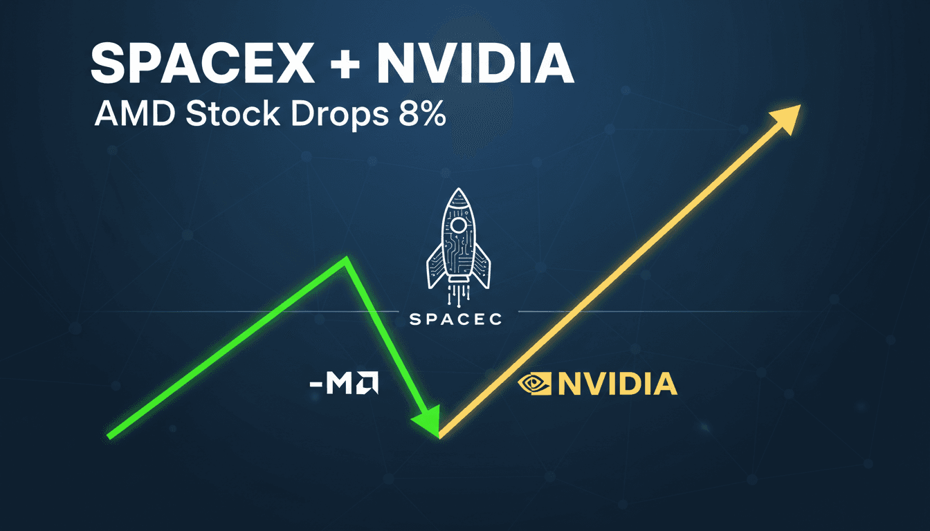 SpaceX and Nvidia logos with a stock market graph showing AMD's decline.