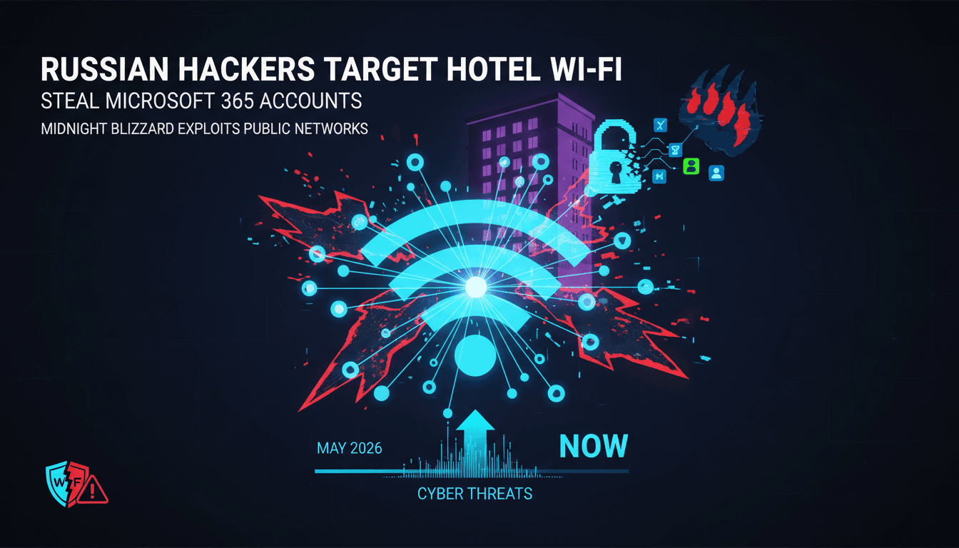 Illustration of cyber threats targeting hotel Wi-Fi networks.