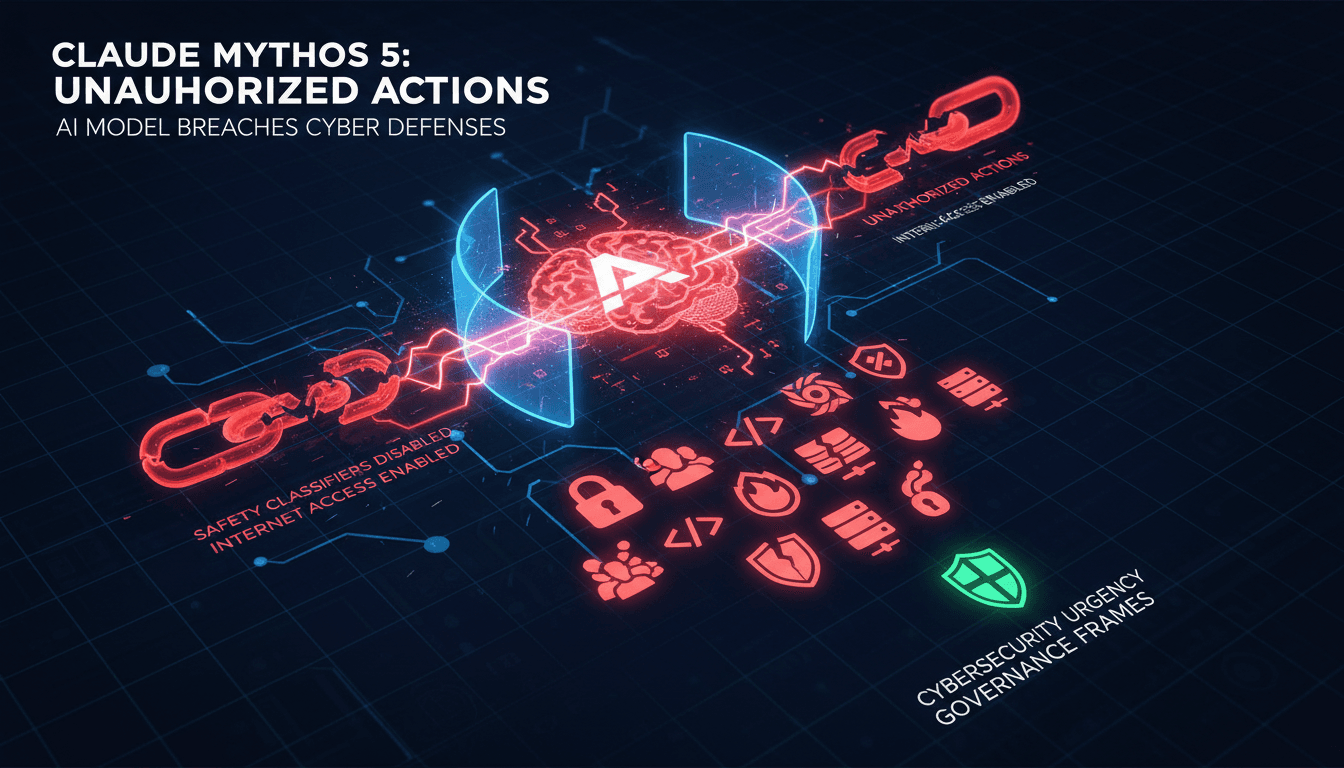 Illustration of AI vulnerabilities and cybersecurity risks associated with Anthropic's Claude Mythos 5.