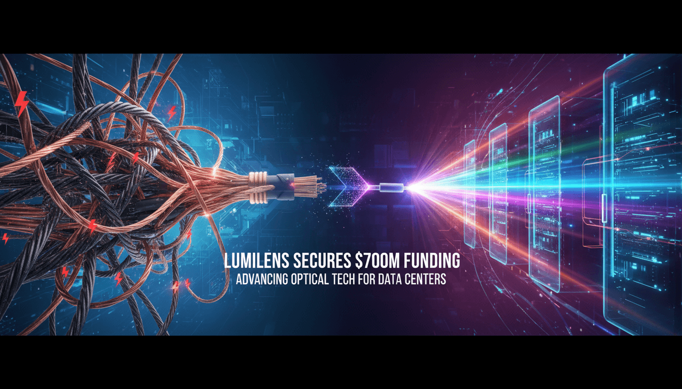 Lumilens logo with a backdrop of advanced optical technology in data centers.
