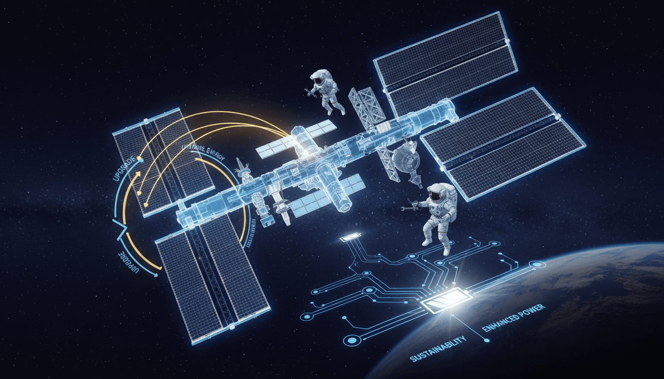 NASA astronauts conducting a spacewalk to upgrade the ISS energy systems.