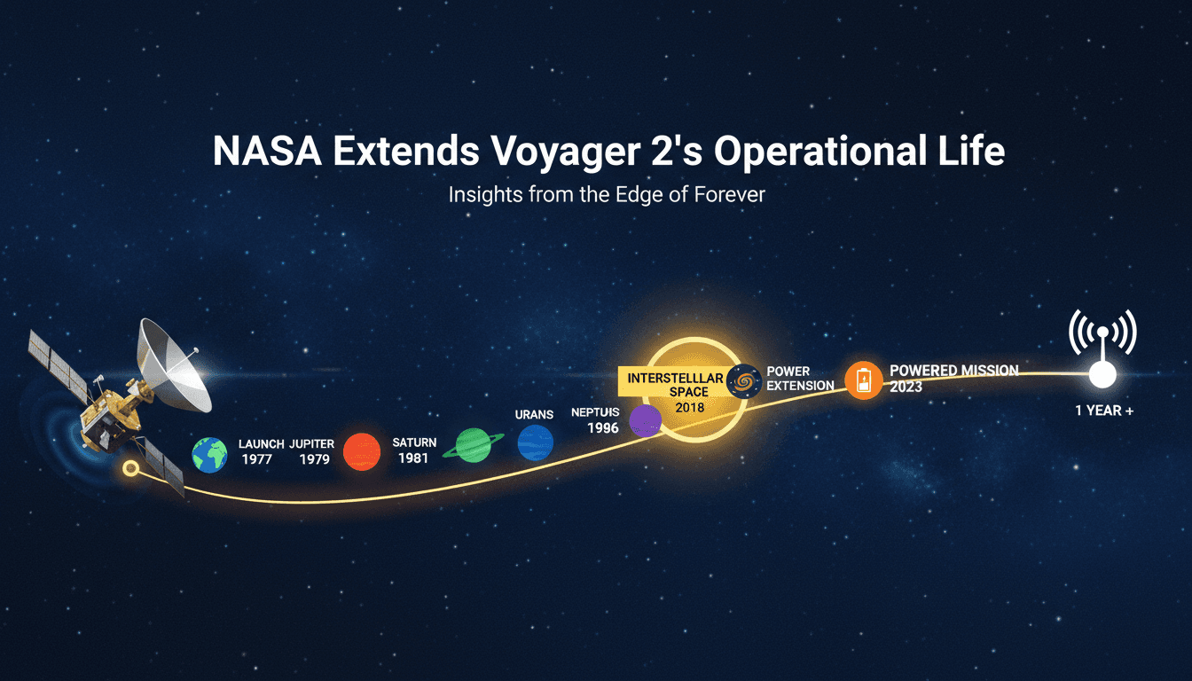 Voyager 2 spacecraft in interstellar space with data transmission highlights.