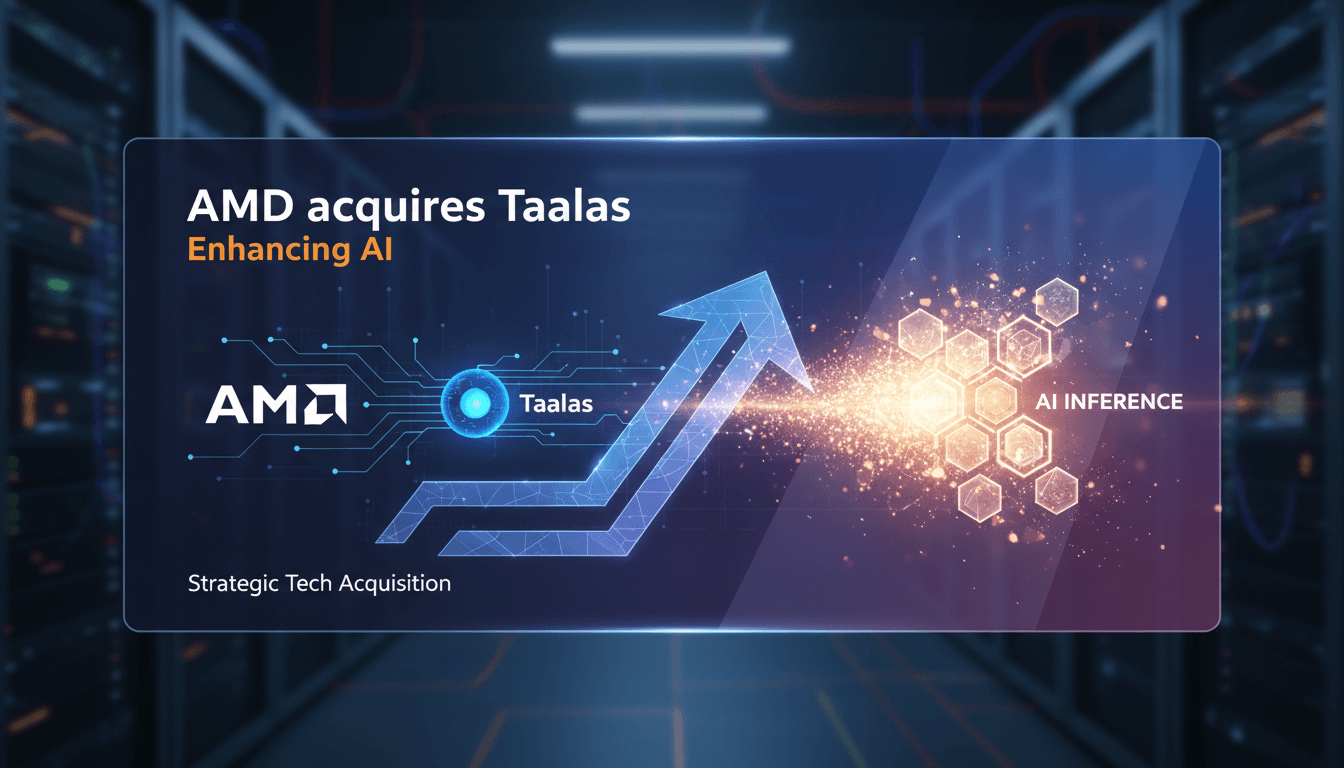 AMD logo with AI technology graphics illustrating the Taalas acquisition impact
