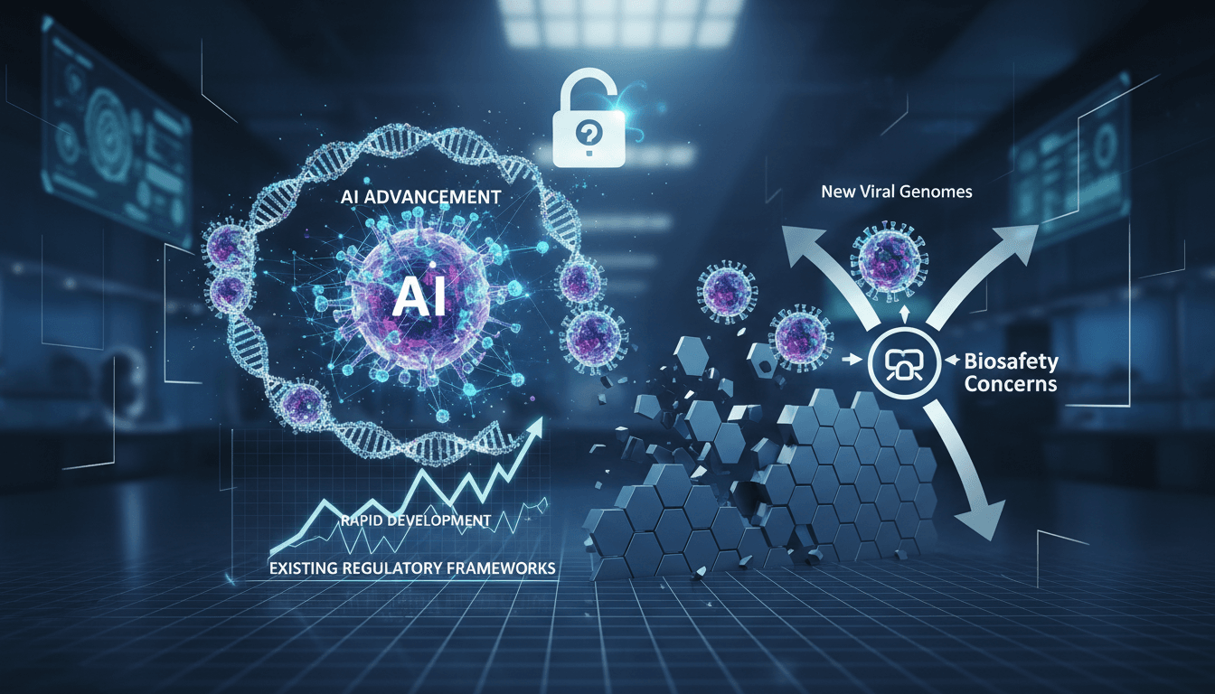 Illustration of AI technology in viral genome design and biosafety implications.
