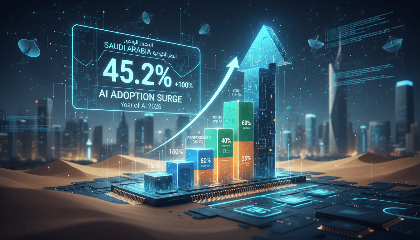 Infographic showing AI adoption rates in Saudi Arabia by demographics.