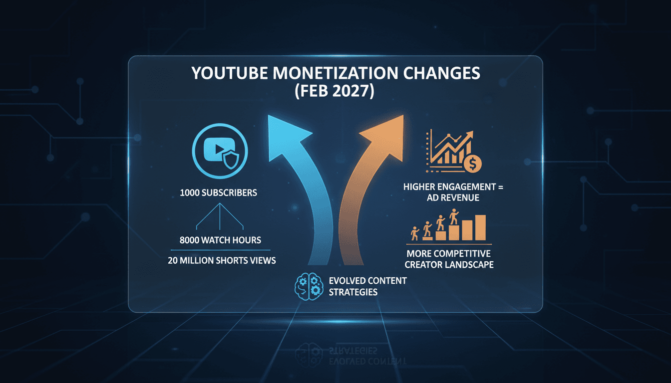 YouTube logo with a graphic showing new monetization thresholds for creators.