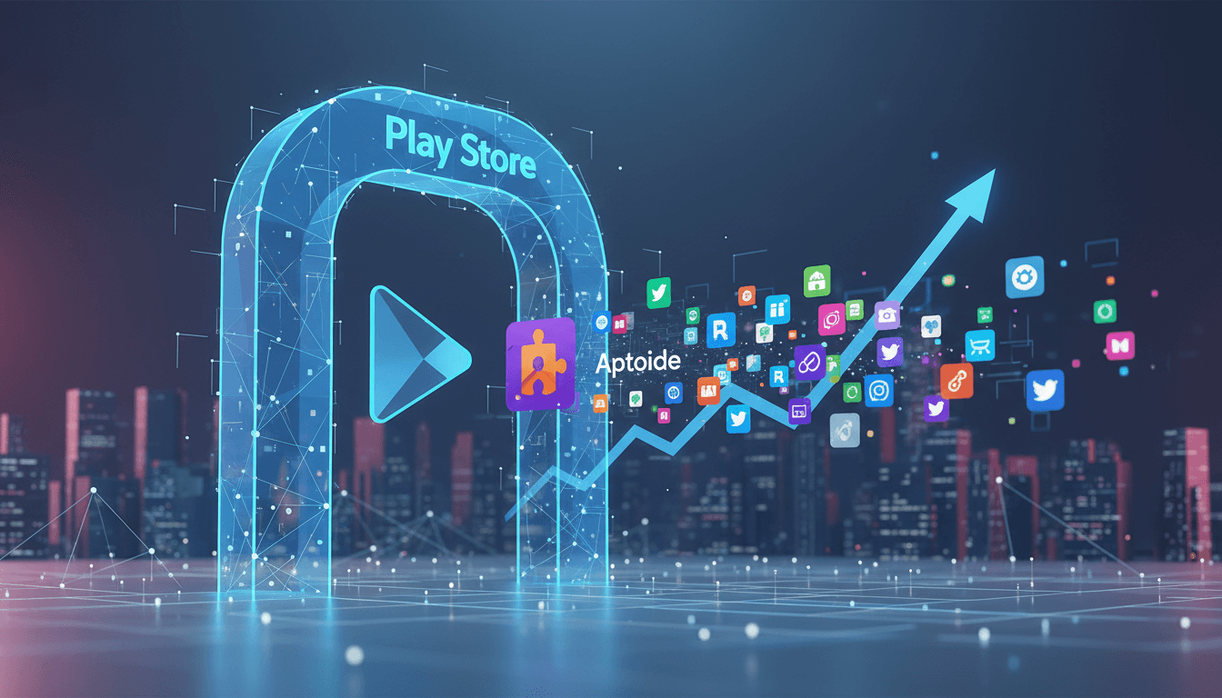 Aptoide logo with Google Play Store background