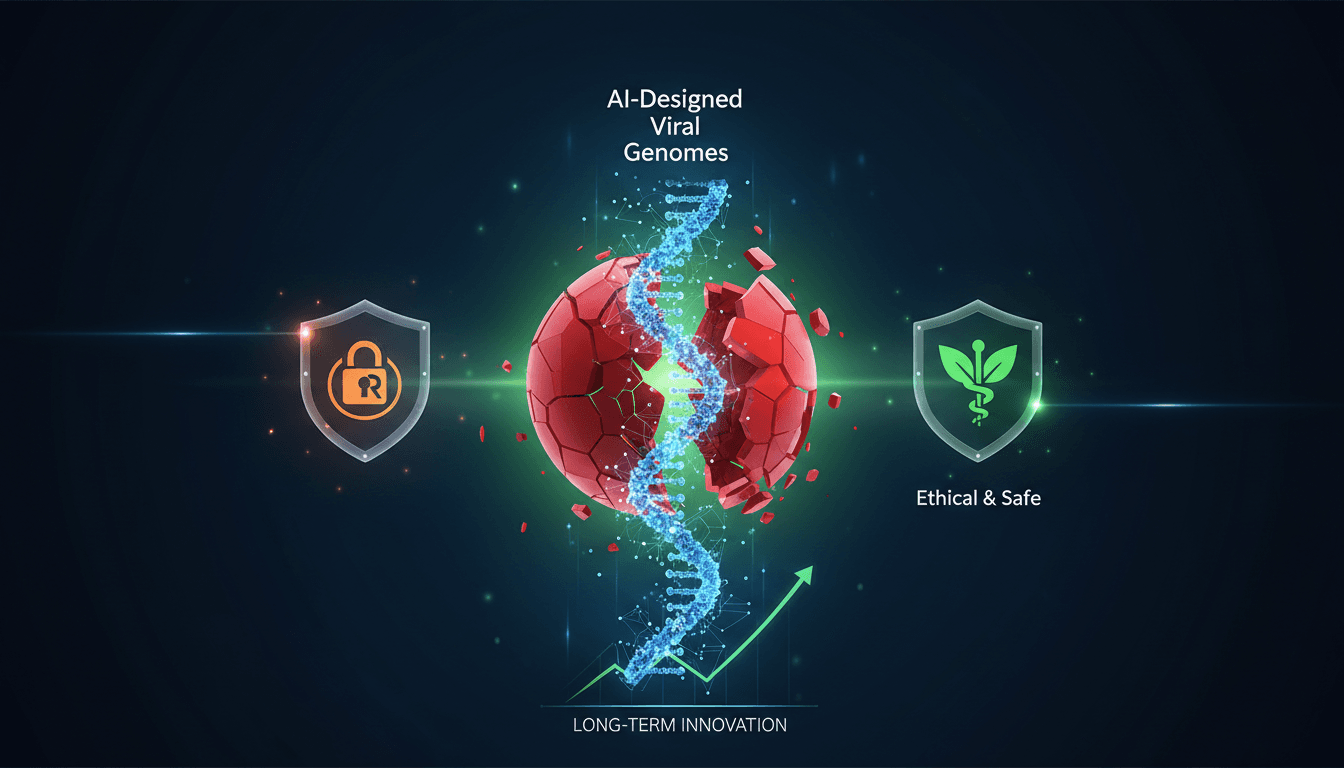 Illustration of AI-designed viral genomes combating antibiotic resistance.