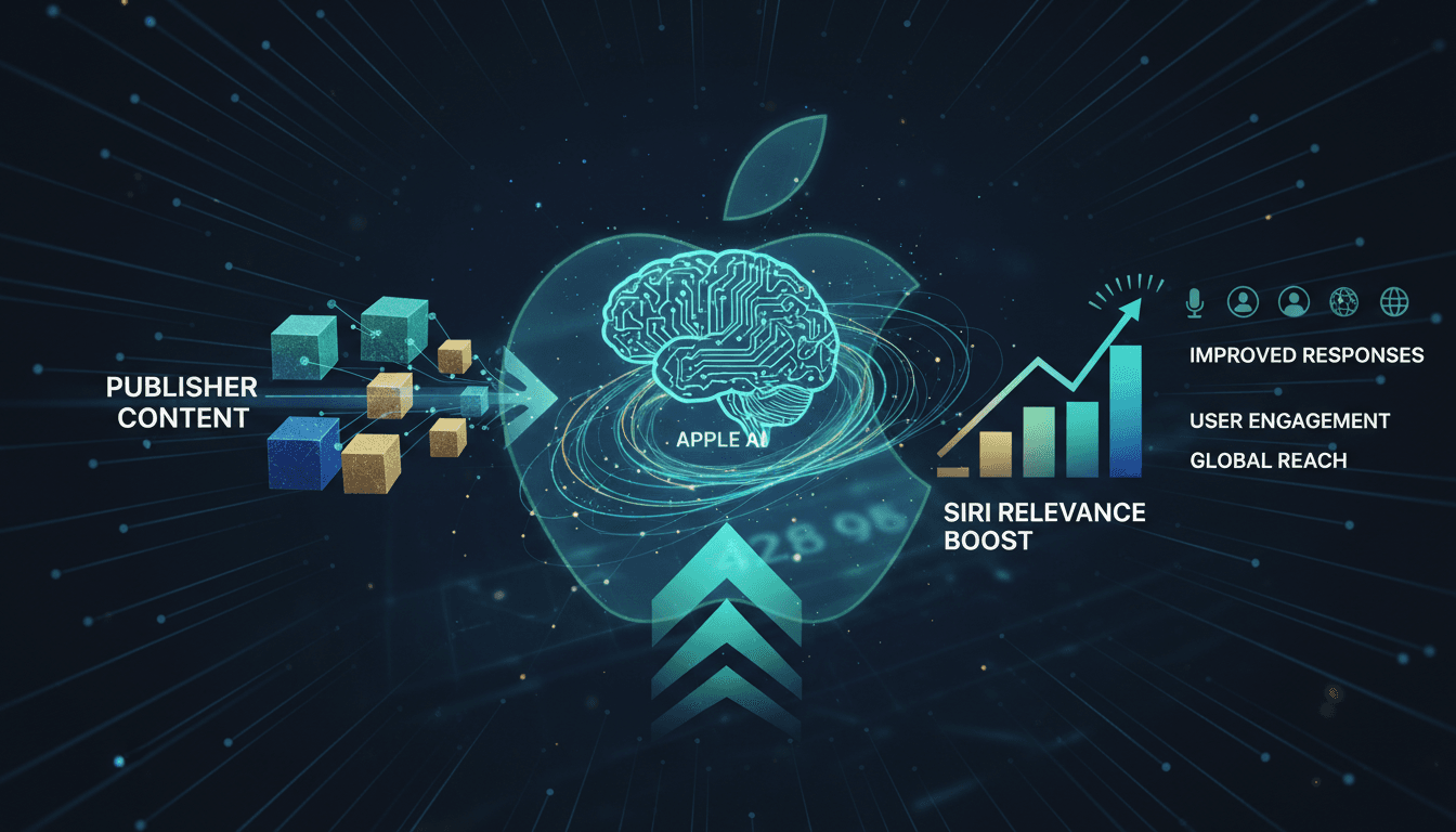 Apple logo with Siri interface and news content background