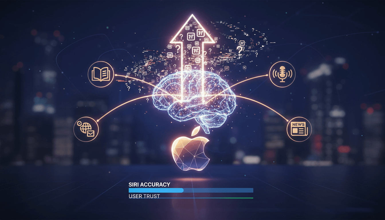 Apple logo with news headlines illustrating Siri's accuracy improvements