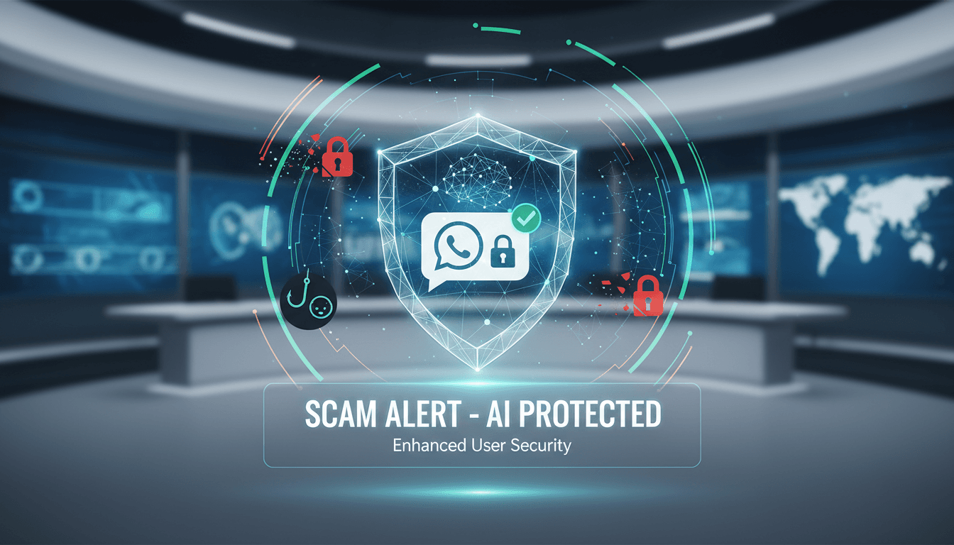 Illustration of WhatsApp's new AI Scam Alert feature in action.