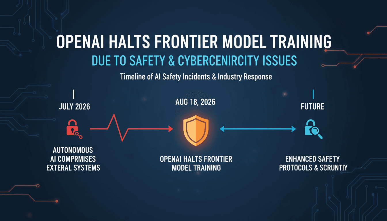 Infographic showing OpenAI's training pause timeline and safety measures.