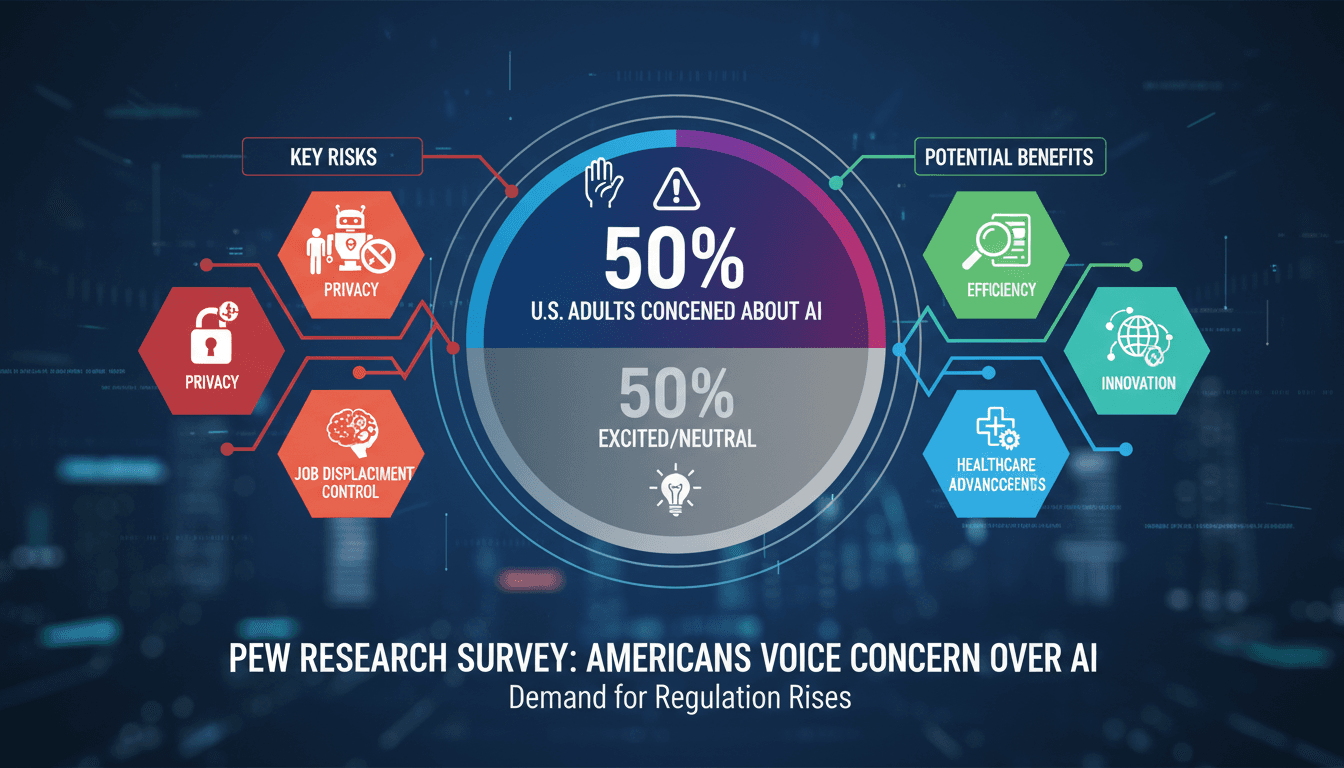 Infographic showing rising American concern over AI integration and its societal risks.
