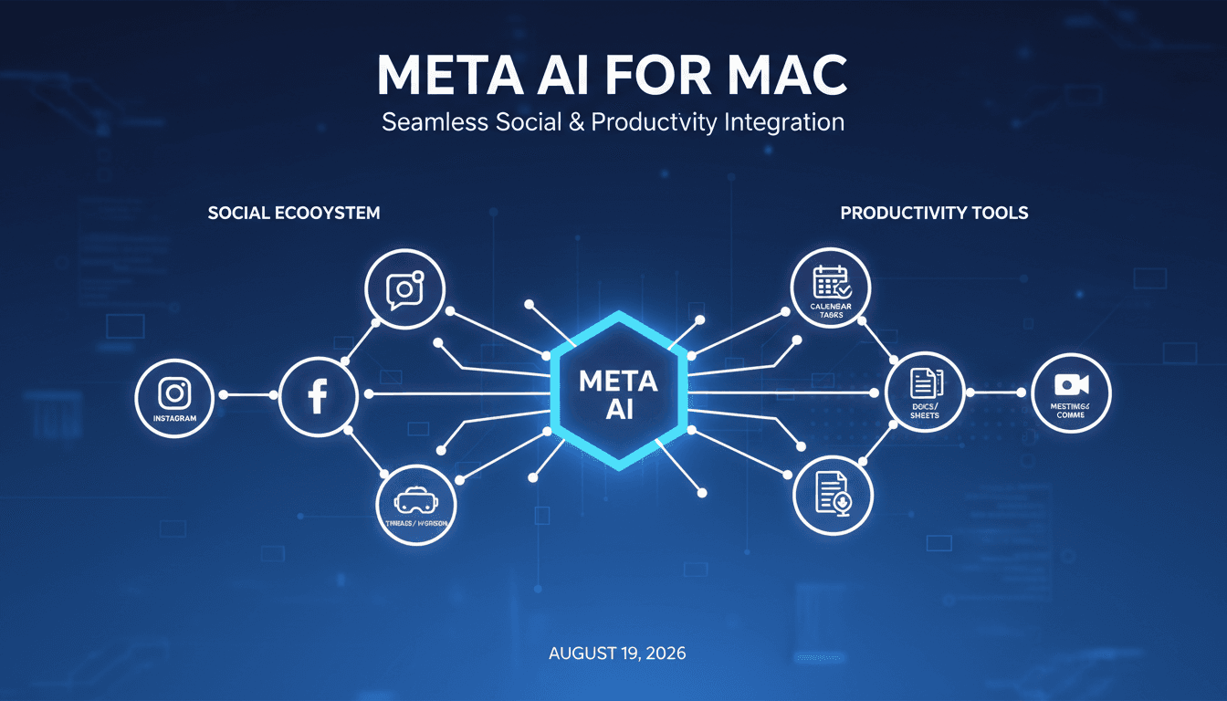 A visual representation of Meta's new Mac app for AI assistant showcasing its features and integrations.