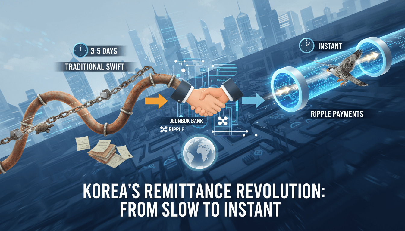 Infographic showing the transition from SWIFT to Ripple Payments for cross-border transactions.