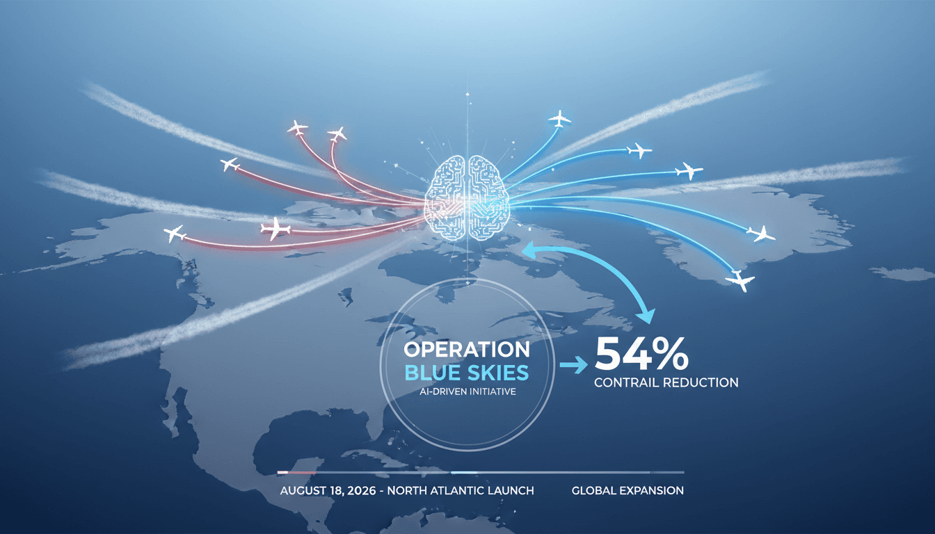 Infographic showing Google’s Operation Blue Skies AI initiative and its impact on aviation contrails.