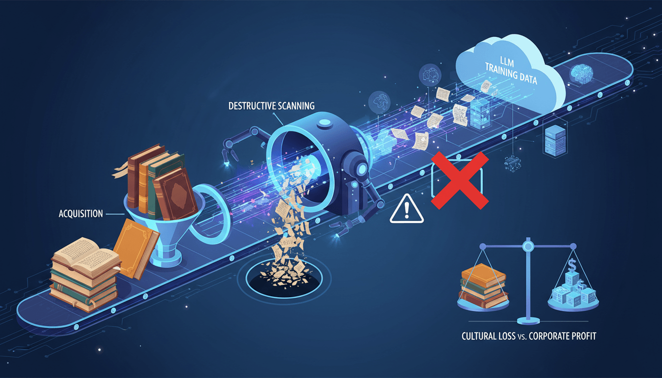 Infographic showing the process of AI companies acquiring and destroying antique books for training data.