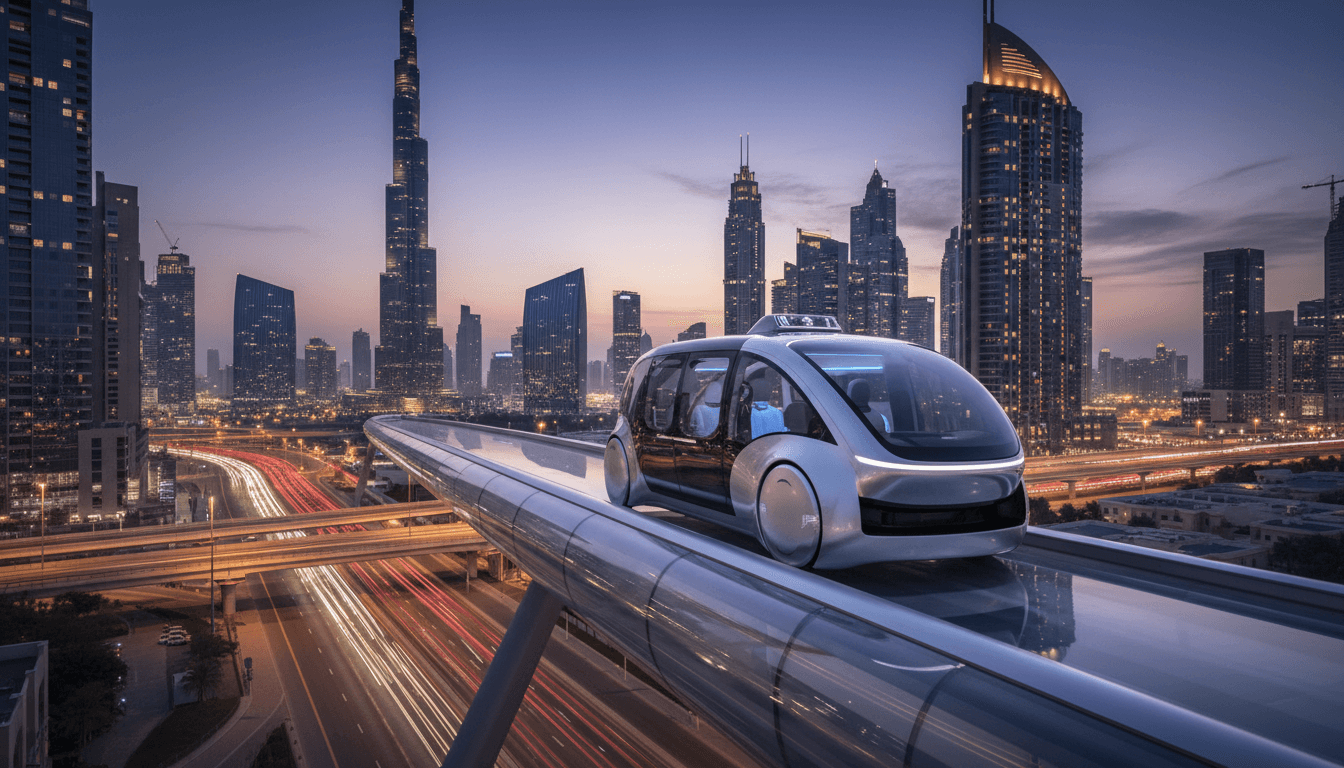A futuristic robotaxi in Dubai, showcasing the evolution of urban transport and autonomous mobility.